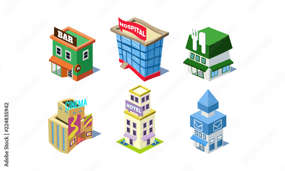 Vector set of public city buildings. Bar and cafe, hotel, post office, hospital and cinema Vector set of public city buildings. Bar and cafe, hotel, post office, hospital and cinema