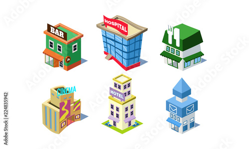Vector set of public city buildings. Bar and cafe  hotel  post office  hospital and cinema