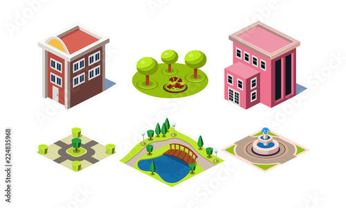 Set of modern buildings and park elements square with trees and fountain . Isometric vector icons