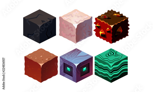Vector set of isometric blocks with different texture. Cubes in 3D style. Gaming assets. Elements for fantasy mobile game