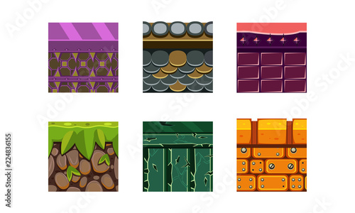 Flat vector set of 6 texture types and materials for platform game. Dry soil with grass, bricks and stones. Gaming assets