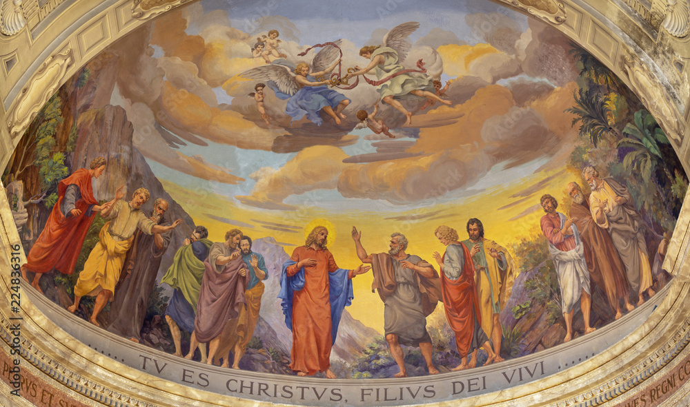 REGGIO EMILIA, ITALY - APRIL 13, 2018: The fresco of Jesus and the apostles in main apse of church Chiesa di San Pietro by Anselmo Govi (1939).