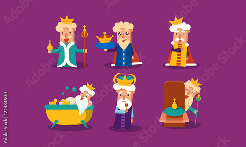 Set of funny king with different emotions. Old man with golden crown. Flat vector for postcard or children book