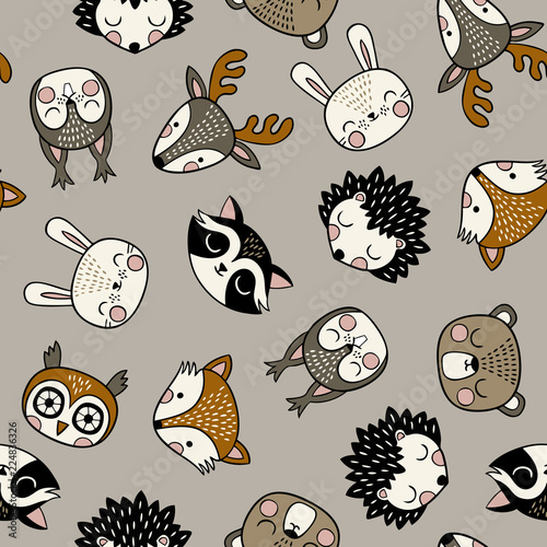Seamless vector pattern with cute woodland animals on grey background. 