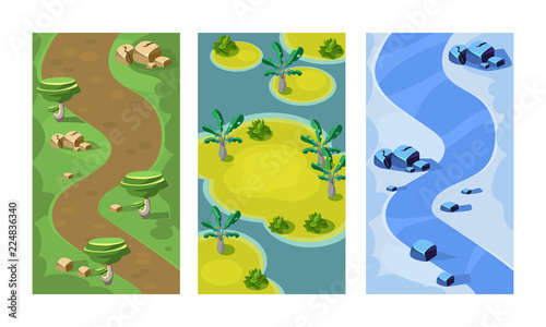 Flat vector set of 3 vertical backgrounds for mobile game. Seamless scenes with forest path, sandy islands and river