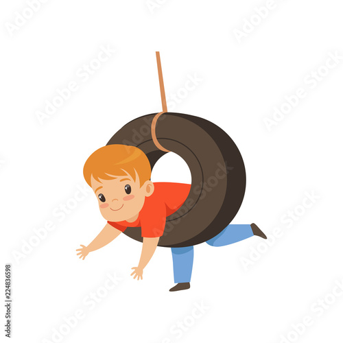 Cute boy riding swing made from tire, little kid having fun on a swing outdoor vector Illustration on a white background