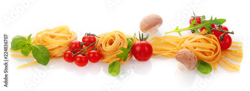 Panorama banner of fresh healthy pasta ingredients