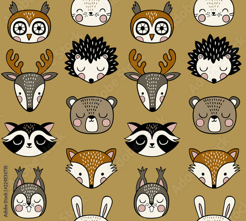 Seamless vector pattern with cute woodland animals on mustard background. 