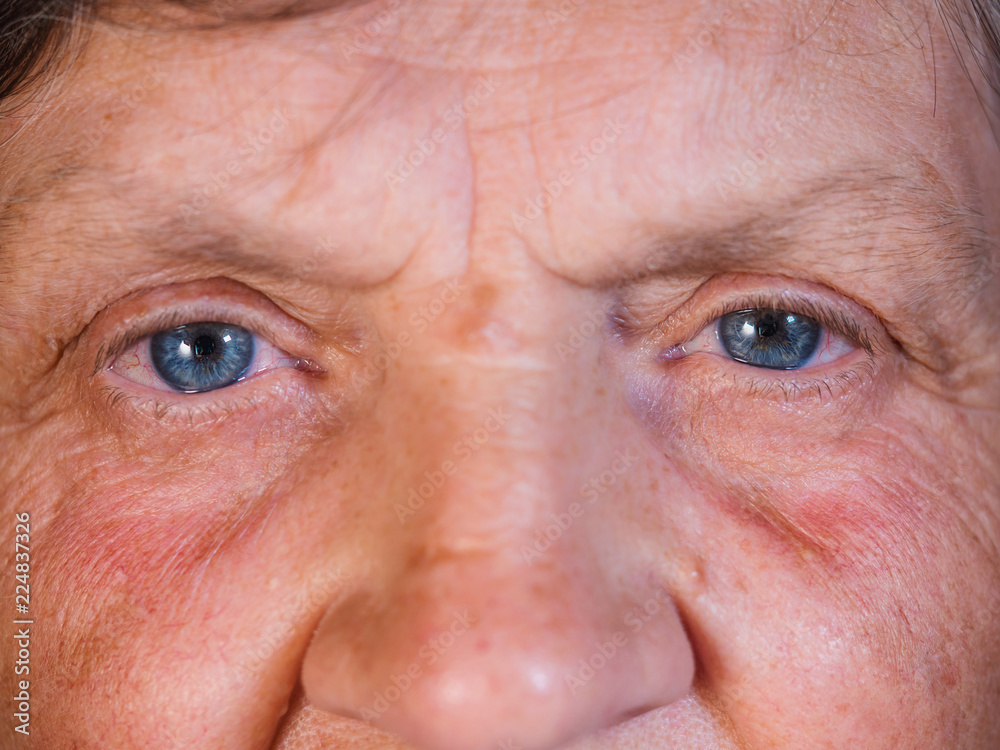 Fototapeta premium Contraction of the pupil. Beautiful blue eyes iris of middle-aged woman. Peepers of old grandmother with wrinkles.