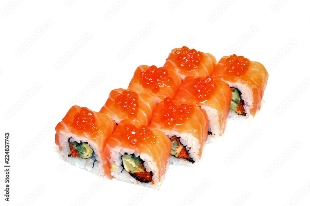 Roll with caviar of salmon. Sushi with caviar of flying fish. Japanese food on a beautiful dish. Roll with caviar of salmon. Sushi with caviar of flying fish. Japanese food on a beautiful dish.