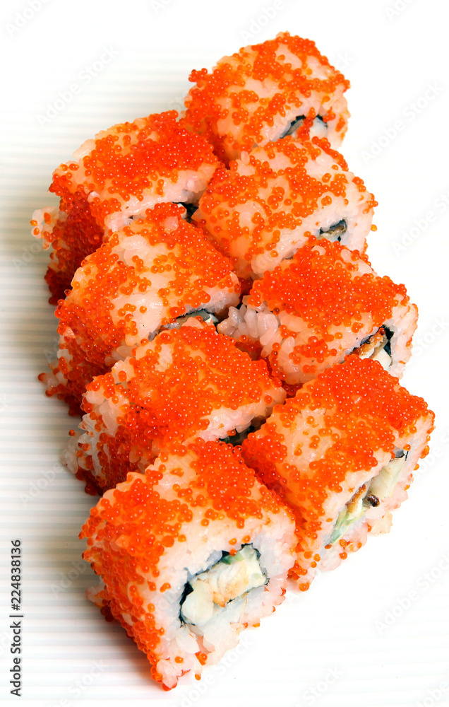 Sushi. Rolls with shrimp. Roll California with avocado. Japanese food. Healthy food is nicely laid out on a platter. Sushi. Rolls with shrimp. Roll California with avocado. Japanese food. Healthy food is nicely laid out on a platter.