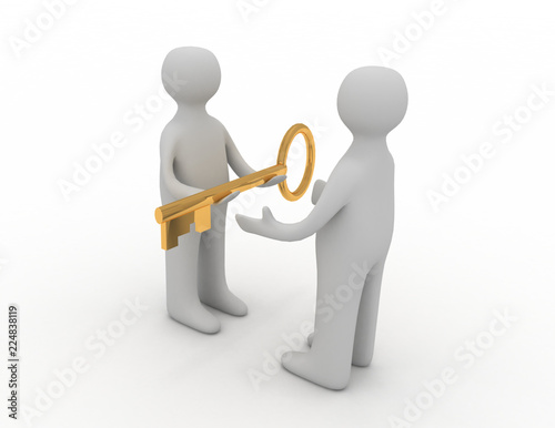 3d man giving golden key to another person