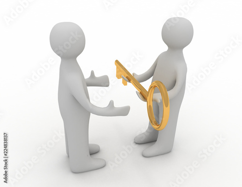 3d man giving golden key to another person