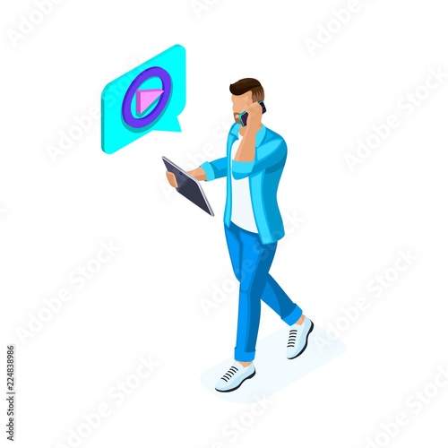 Isometric young man watches video and communicates in social networks on the tablet, maintains his blog. Teenagers and gadgets