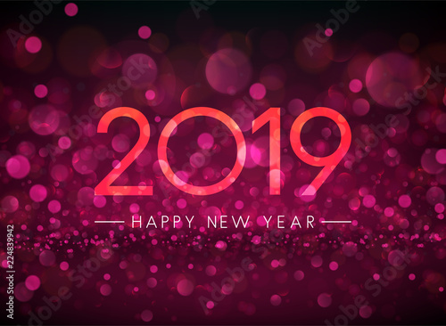Pink bokeh 2019 Happy New Year greeting card.