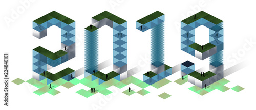 Buildings in the form of figures 2019 (years) 3d isometric illustration with people. Three-dimensional view of the city. Banner with 2019. Template mock up for adding your design. Modern Background
