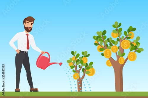 Happy stylish businessman watering a money tree cartoon vector illustration.