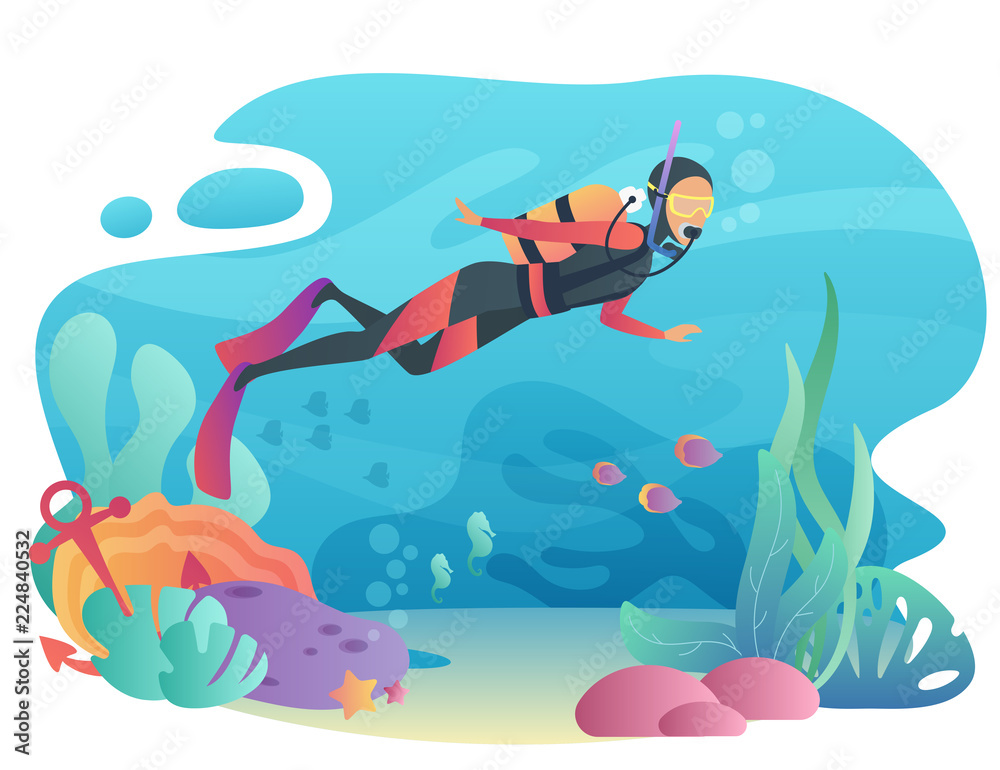 Professional Scuba Diver man dives in the ocean. Underwater swiming. Summer vacation concept of sport active holidays. Professional Scuba Diver man dives in the ocean. Underwater swiming. Summer vacation concept of sport active holidays.