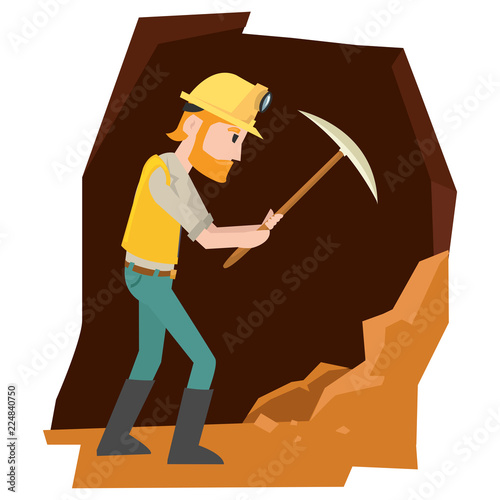 A man hitting a rock in the cave to looking for a gold