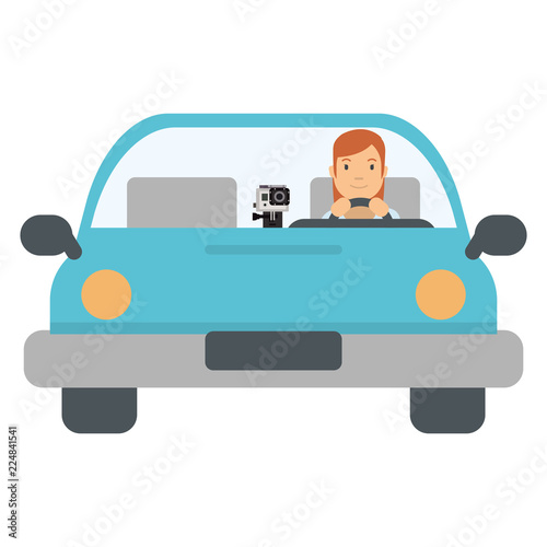 Beautiful girl in the car with the action camera