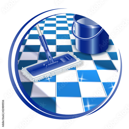 Mop cleaning dirty tiled floor to shiny icon. Insoled on white background. Vector illustration.
