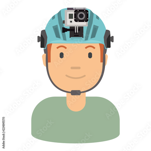 A young man wearing helmet and action camera to record his sport activity
