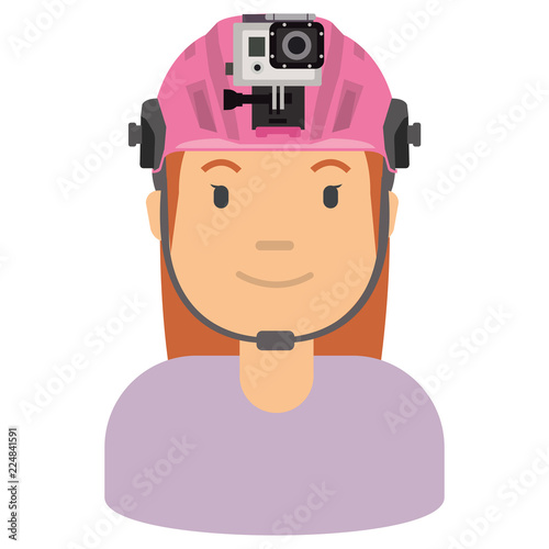 A woman wearing helmet and action camera to record her sport activity