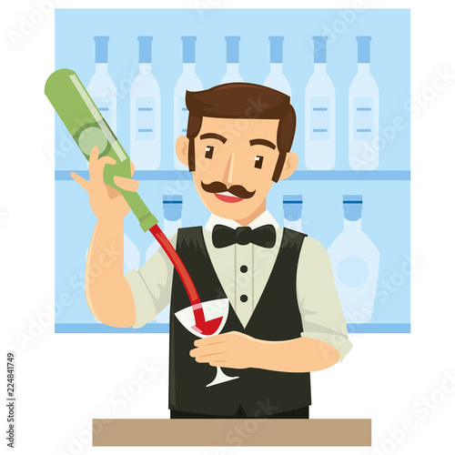 Male bartender pouring wine for customer in the bar