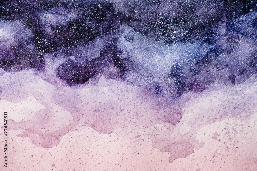 full frame image of night sky painting with purple and pink watercolor paints background - obrazy, fototapety, plakaty 