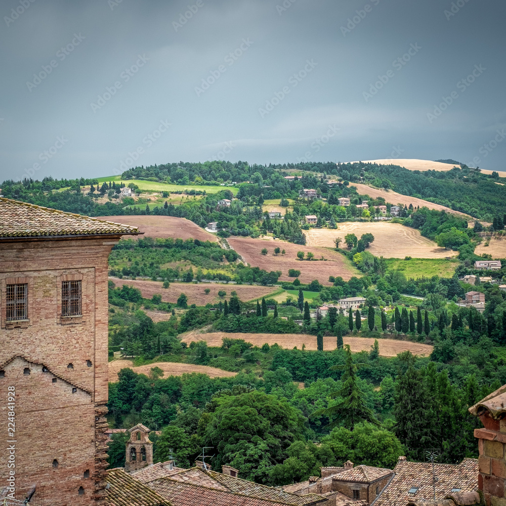 View towards the countryside from the center of Urbino, Marche, Italy.