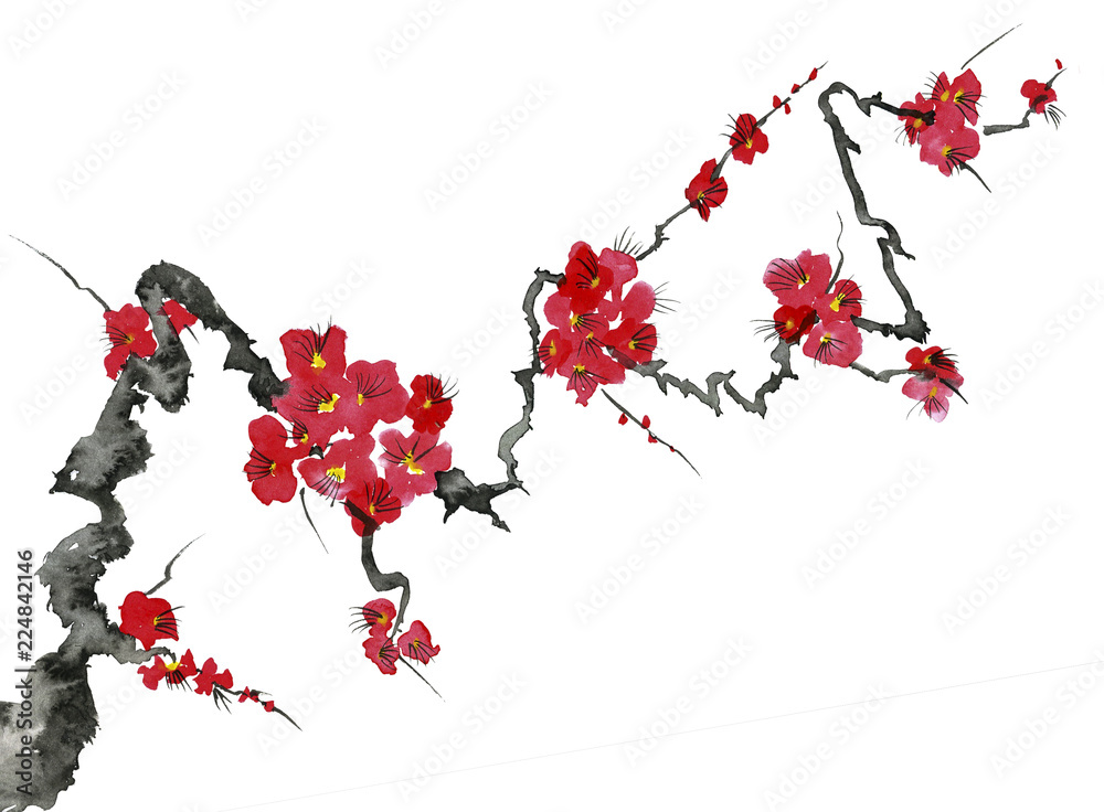 Obraz premium A branch of a blossoming tree. Pink and red stylized flowers of plum mei, wild apricots and sakura . Watercolor and ink illustration in style sumi-e, u-sin. Oriental traditional painting.