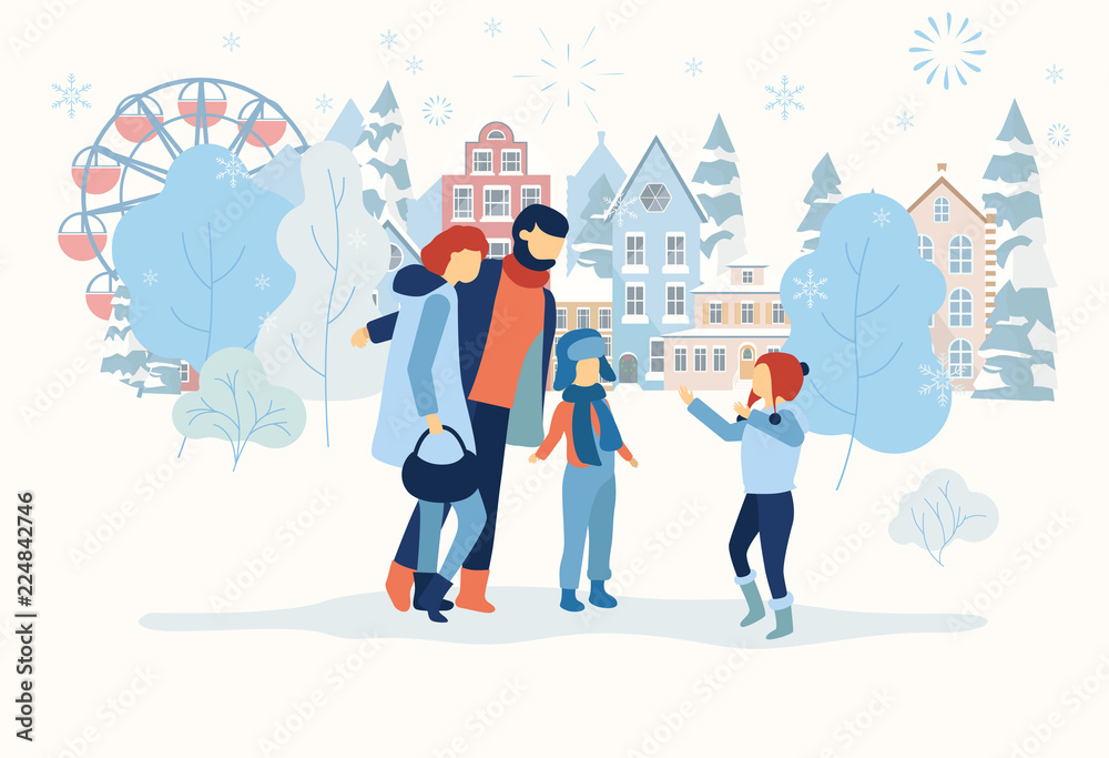 Family spend holidays outdoors in city park. Winter urban poster.