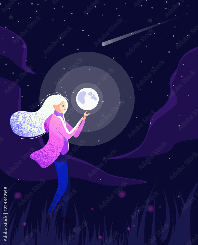 Obraz premium Girl with moon. Night magic mood poster.