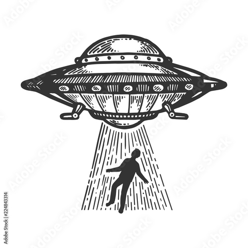 UFO Flying saucer kidnaps human person engraving vector illustration. Scratch board style imitation. Black and white hand drawn image.