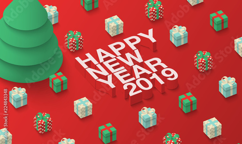 Red Happy New Year 2019 background with 3d gifts.