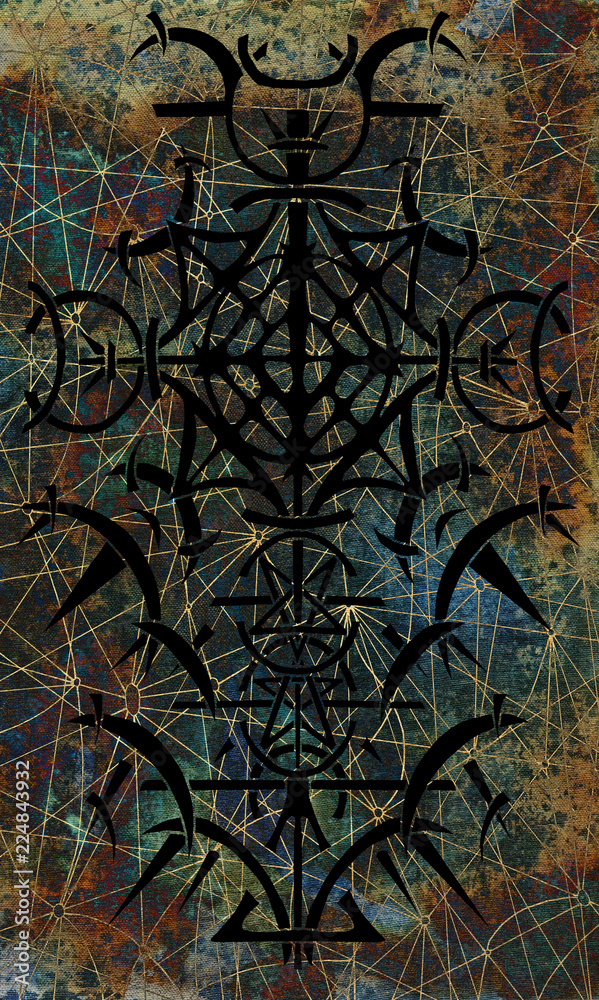 Back cover design of tarot card. Black gothic pattern on mysterious texture background. Esoteric, occult and Halloween concept, illustration with mystic symbols 
