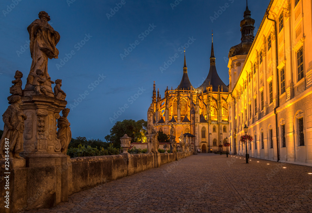 The Cathedral of St Barbara at night, Kutna Hora, Czech Republic, Europe.