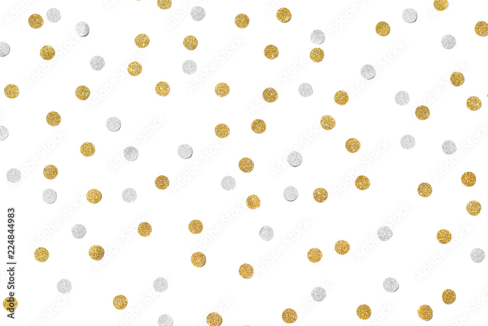 Gold and silver glitter confetti paper cut on white background - isolated - obrazy, fototapety, plakaty 