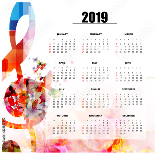Calendar planner 2019 template with colorful music notes. Music themed calendar poster, week starts Sunday. Calendar layout for 2019 isolated, vector illustration background