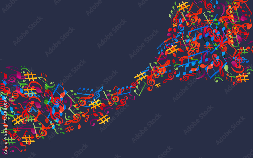 Naklejka premium Music background with colorful music notes and G-clef vector illustration design. Artistic music festival poster, live concert, music notes signs and symbols