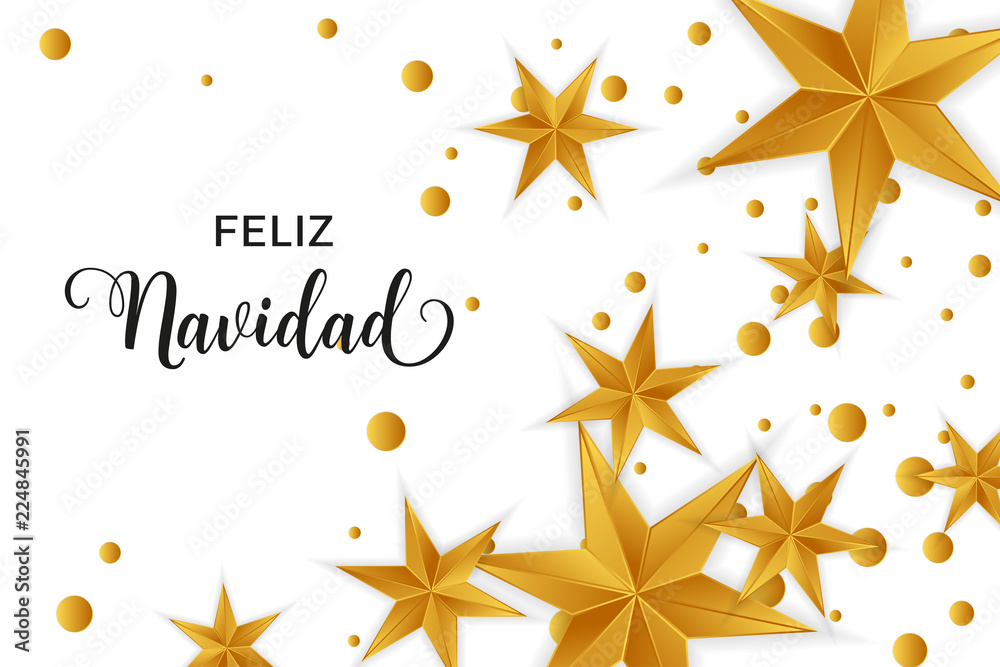 Feliz Navidad Merry Christmas spanish typography. Christmas vector card with golden stars and round confetti on white background.