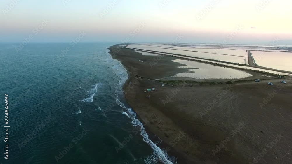 Punto de la Banya nature reserve. The Ebro River delta at the Mediterranean Sea from drone