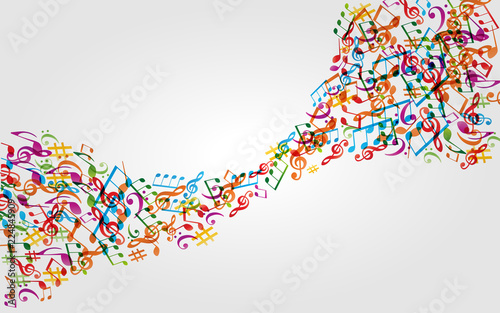 Music background with colorful music notes and G-clef vector illustration design. Artistic music festival poster, live concert, music notes signs and symbols
