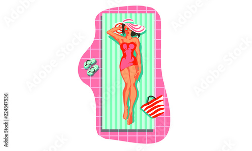 beautiful woman lying on the beach towel near swimming pool top view of pretty girl, summer holiday and summer camp poster traveling template poster badge vector illustration party, girl sunbathing by