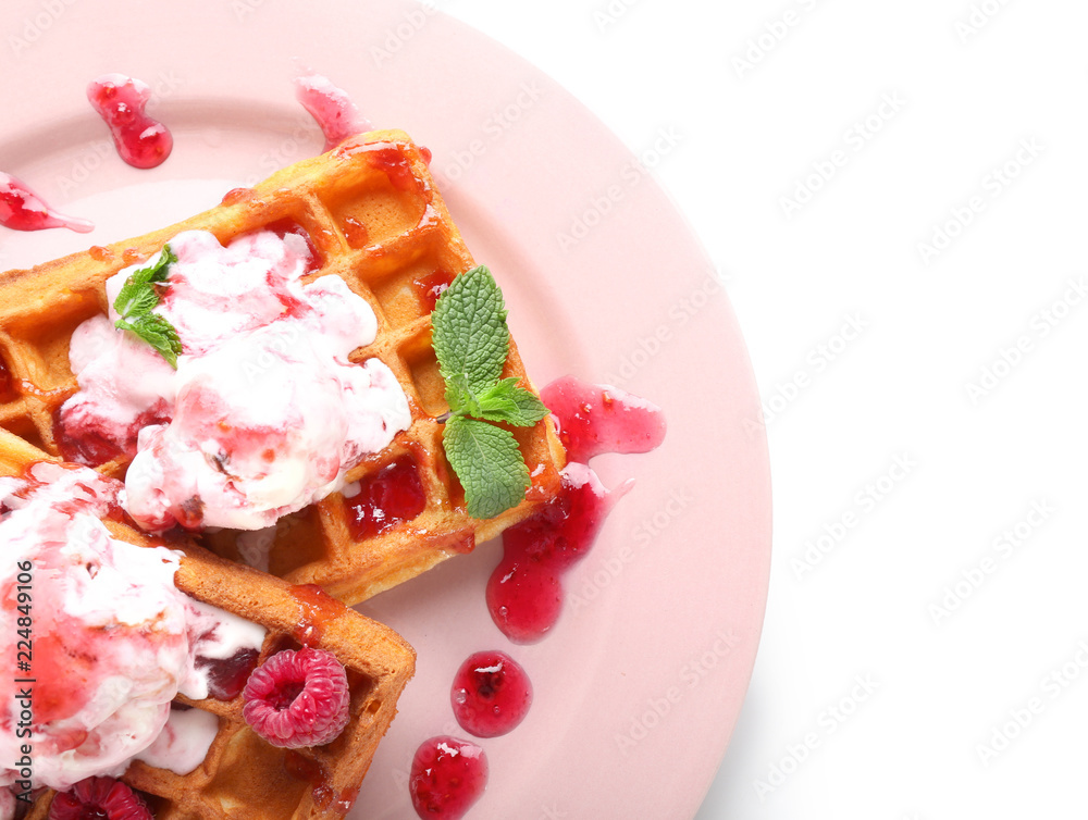 Delicious waffles with berry jam and ice cream on white background Delicious waffles with berry jam and ice cream on white background
