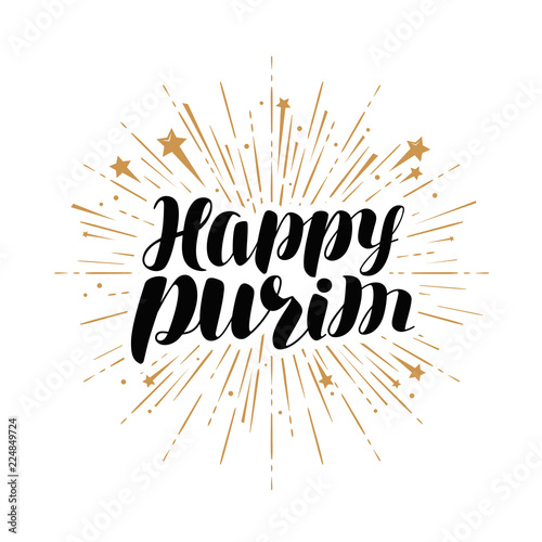 Happy Purim greeting card or banner. Jewish holiday, handwritten lettering vector