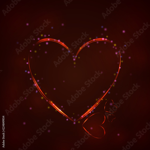 Glowing red heart on dark background. Vector illustration. Valentines day card.