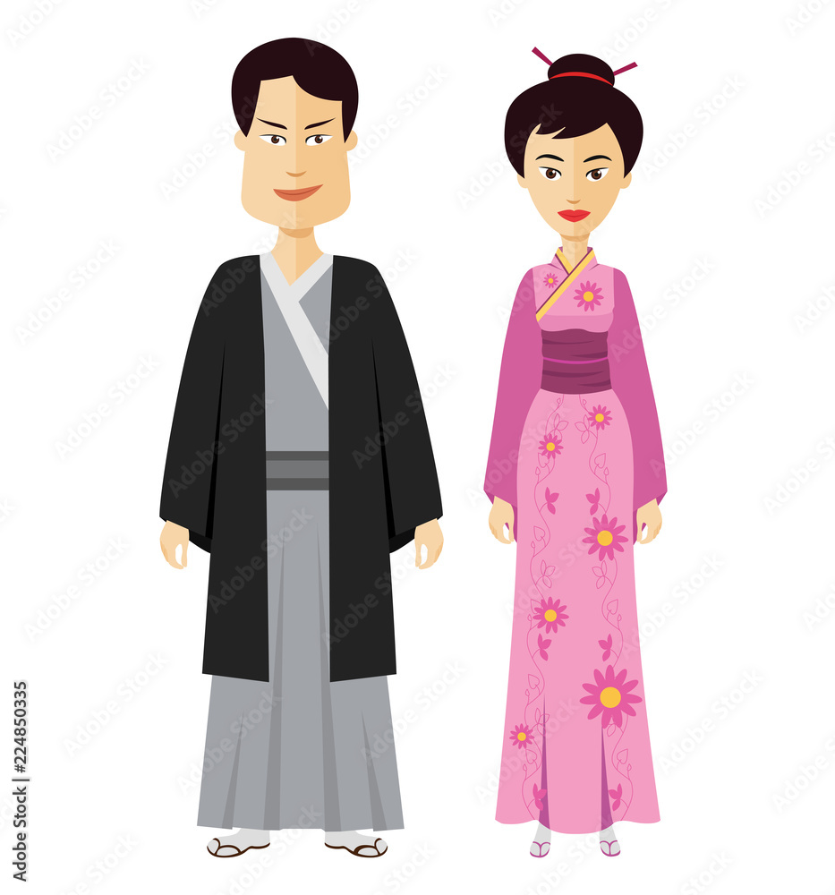 Couple Japanese people with traditional costume of Japan isolated vector illustration Couple Japanese people with traditional costume of Japan isolated vector illustration
