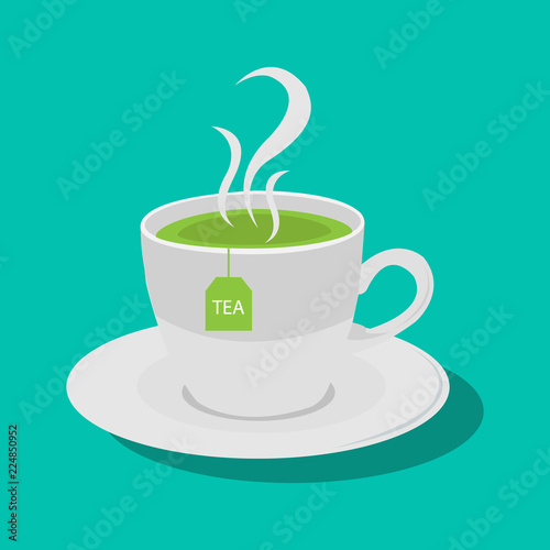 Realistic vector image of cup of tea on colored background.