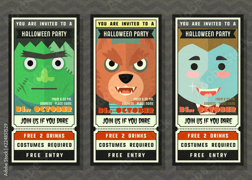 Halloween party vector invitation ticket style with cartoon character